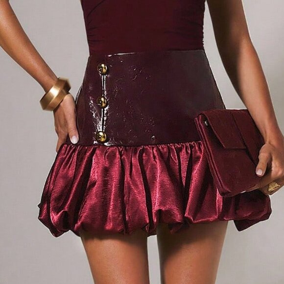 Burgundy Casual Women's Patchwork Woven Flared Hem Skirt - Picture 3 of 6